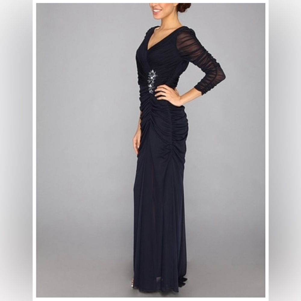 Adrianna Papell Prussian Blue Ruched Formal Dress with 3/4 Sleeves